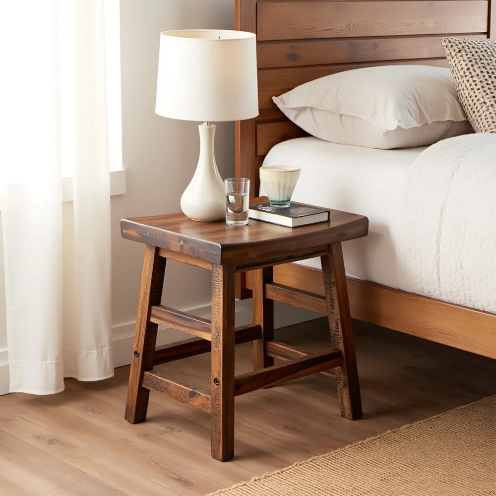 

Industrial Wood Dining Stool Solid Acacia Wood Rustic Farmhouse Style Comfortable Saddle Seat Versatile Seating Durable Truss