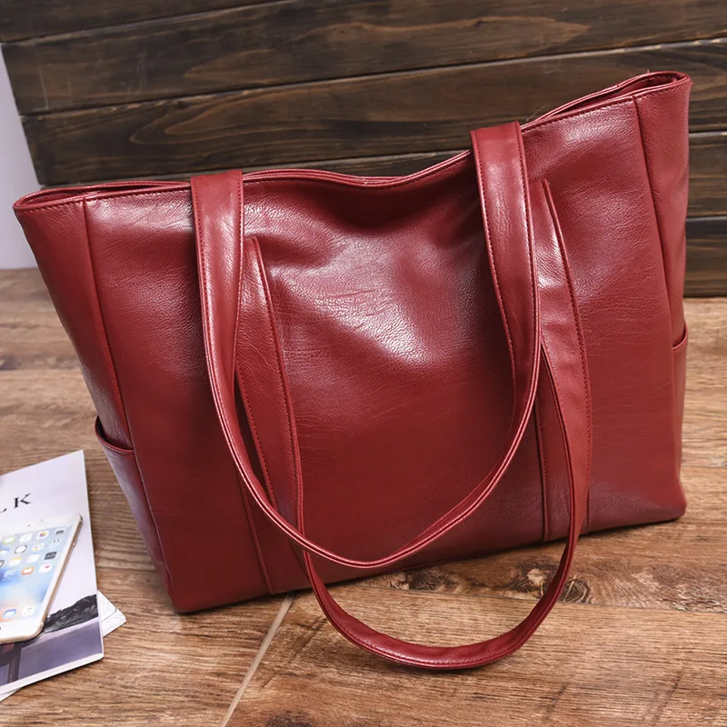 Kadın PU deri çantalar moda büyük kapasiteli Tote çanta Retro tasarımcı çift kayış omuzdan askili çanta Shopper Sac Mujer Bolsa