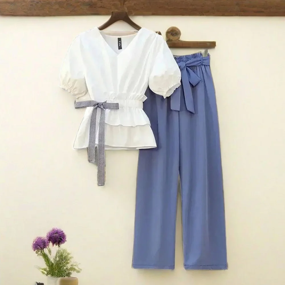 Two Piece Set White V-Neck Bow Lace Up Elastic Waist Shirt Blouses Blue High Waist Wide Leg Ankle-Length Pants Sets For Women