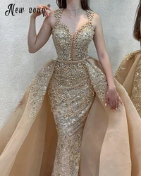 2 in 1 Light Champagne Formal Evening Dress Scalloped Neck Pearls Party Dress With Overskirt 2 Pieces Gala Dresses Customized