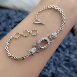 MeiBaPJ Inlay 8*10mm Oval Stone S925 Sterling Silver DIY Empty Bracelet Holder Leopard Head Women Fine Charm Weddings Jewelry