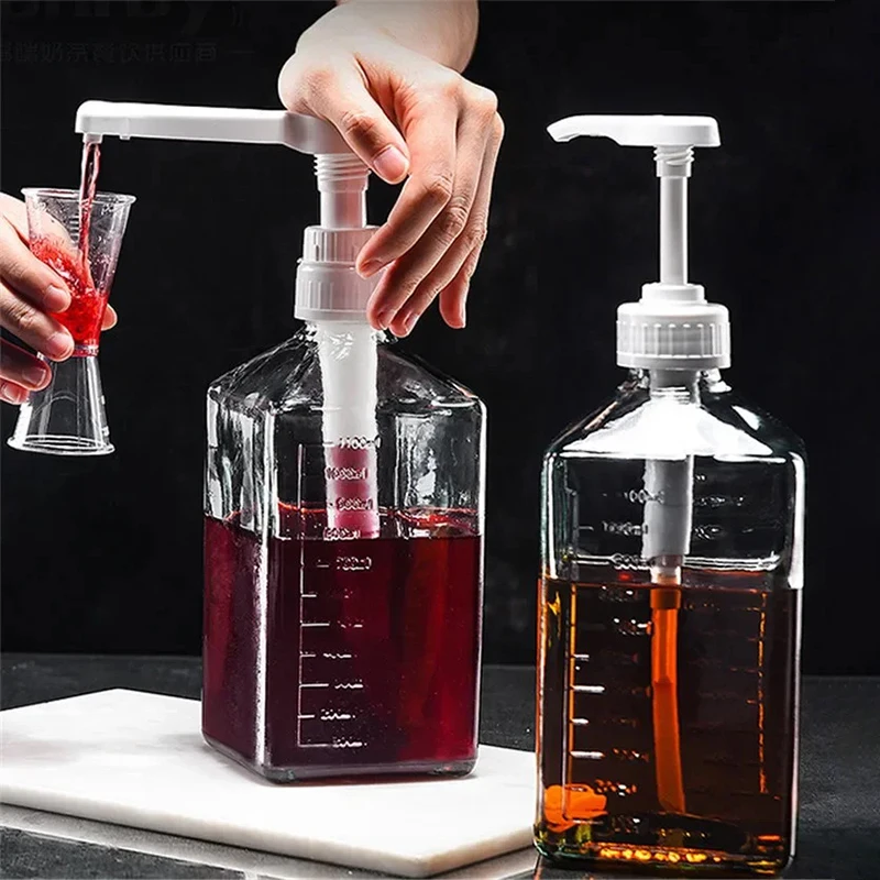 1pc Liquid Dispenser With Scale Coffee Syrup Bee Drip Bottle With Hydraulic Pump Nozzle Head Kitchen Honey Jar Container