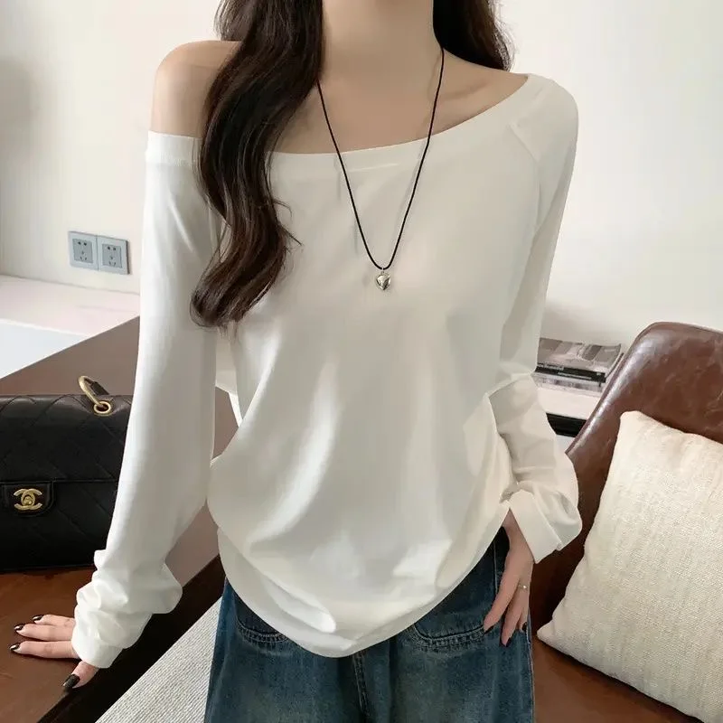 Oversize Off Shoulder Long Sleeve T Shirt Women Solid Color Casual Tops Lady Spring Autumn Basic Tees Korean Style Youth Blouses