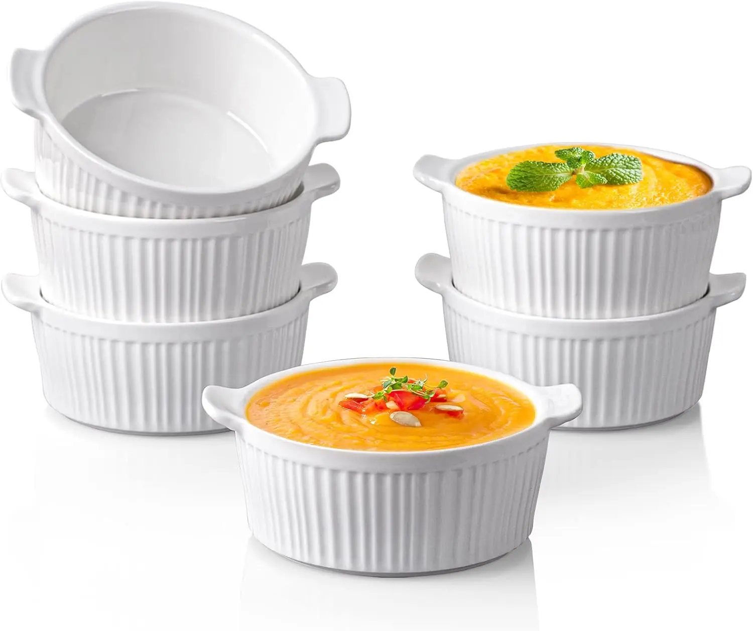 

Ramekins with Handle, 6 PACK Soup Bowls for French Onion Soup, Pot Pie, Lava Cakes, Creme Brulee, 12 Oz Porcelain Souff
