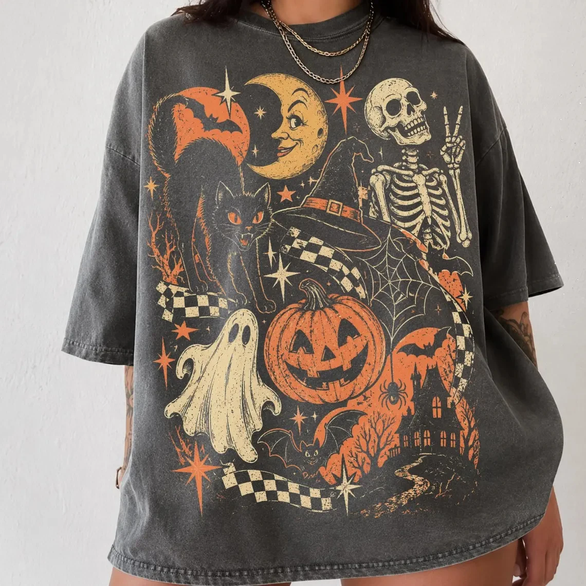 Vintage Halloween T Shirt Men Women Retro Pumpkin Ghost Skeleton Black Cat Print Tee Loose Washed Casual Streetwear T-shirt