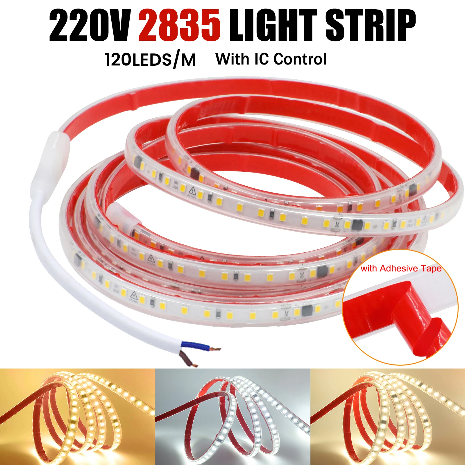 

10cm Cuttable LED Strip Light with IC 220V Flexible LED Tape Ribbon with Adhesive Tape 2835 120LEDs Waterproof Soft Lamp Bar