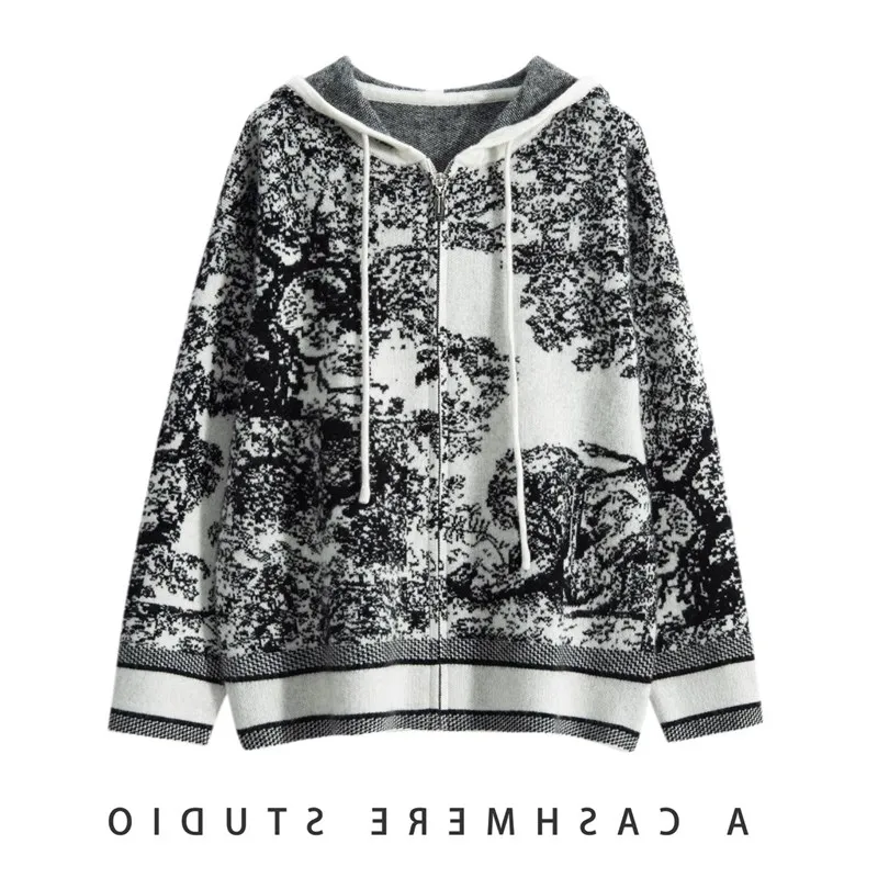 Cardigan à capuche avec peinture à l\'encre, 100% pure laine, noir et blanc, cardigan à fermeture éclair, nouvelle mode, automne et hiver