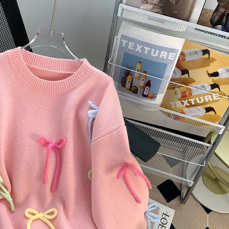 

Pink Bow Detail Sweater - Women's Loose Fit Knit Top for a Sweet & Lazy Chic Style