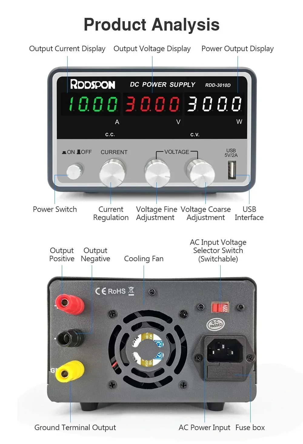 300W DC Laboratory Power Supply 30V 10A Regulator Switching Bench Power Bank Adjustable LCD Display Repair Tool