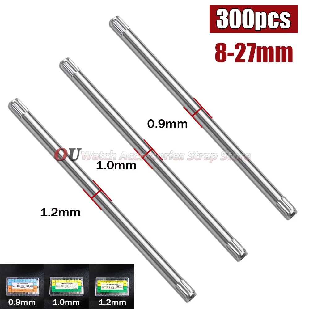 300 Stück Uhrenband-Splinte mit Box 0,9/1,0/1,2mm Edelstahl Uhrenarmband Zweiseitige Verbindungsstifte Uhrenreparatur-Werkzeuge