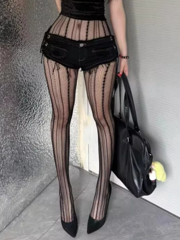 Punk Gothic Black Fishnets Tights Women Sexy Striped See Through Fishnet Stockings Spicy Girls Uniform Hollow-out Mesh Pantyhose image 6