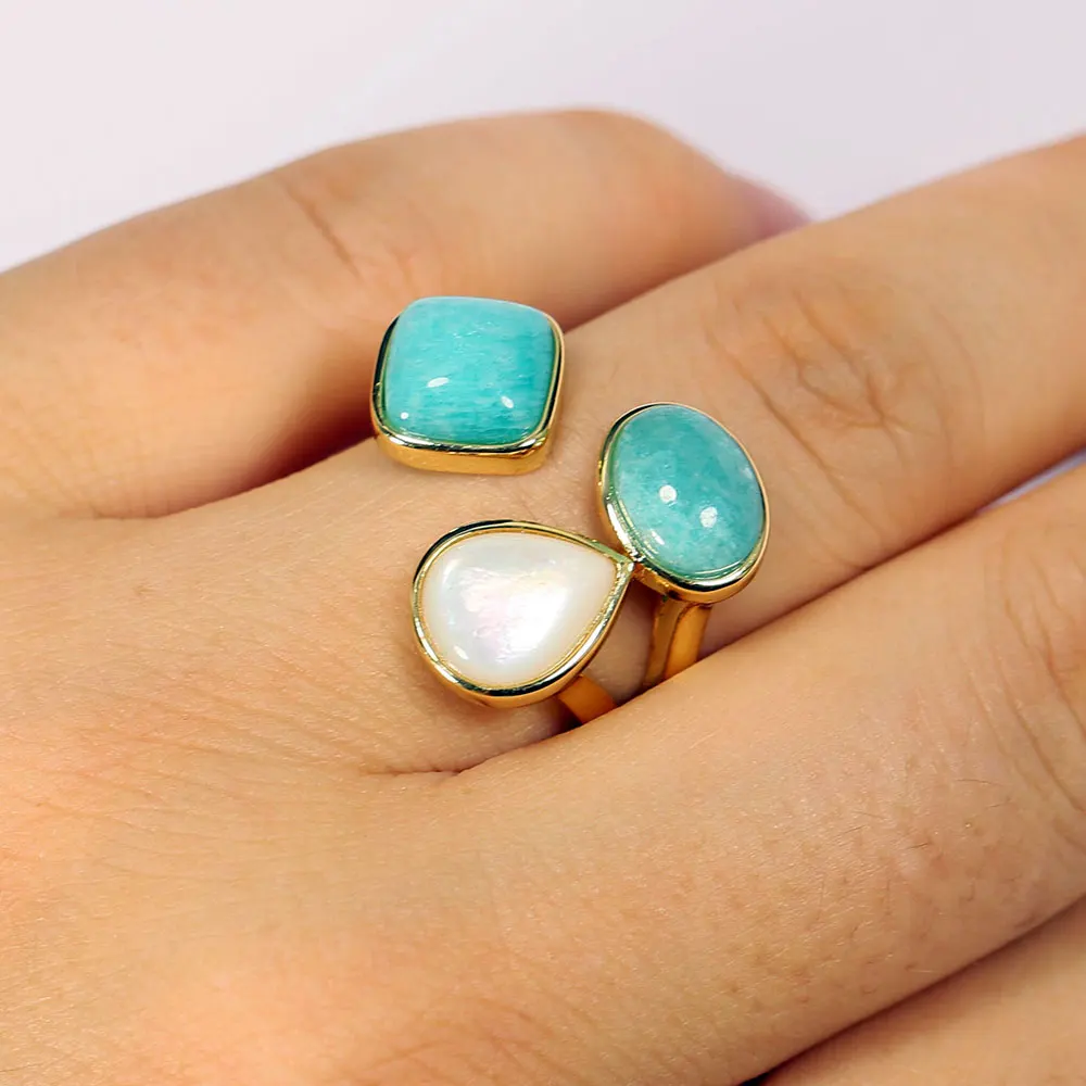 G-G Real Gems Blue Peruvian Amazonite Teardrop White Shell Pearl Ring Electroplated Rings Adjustable Simple Rings