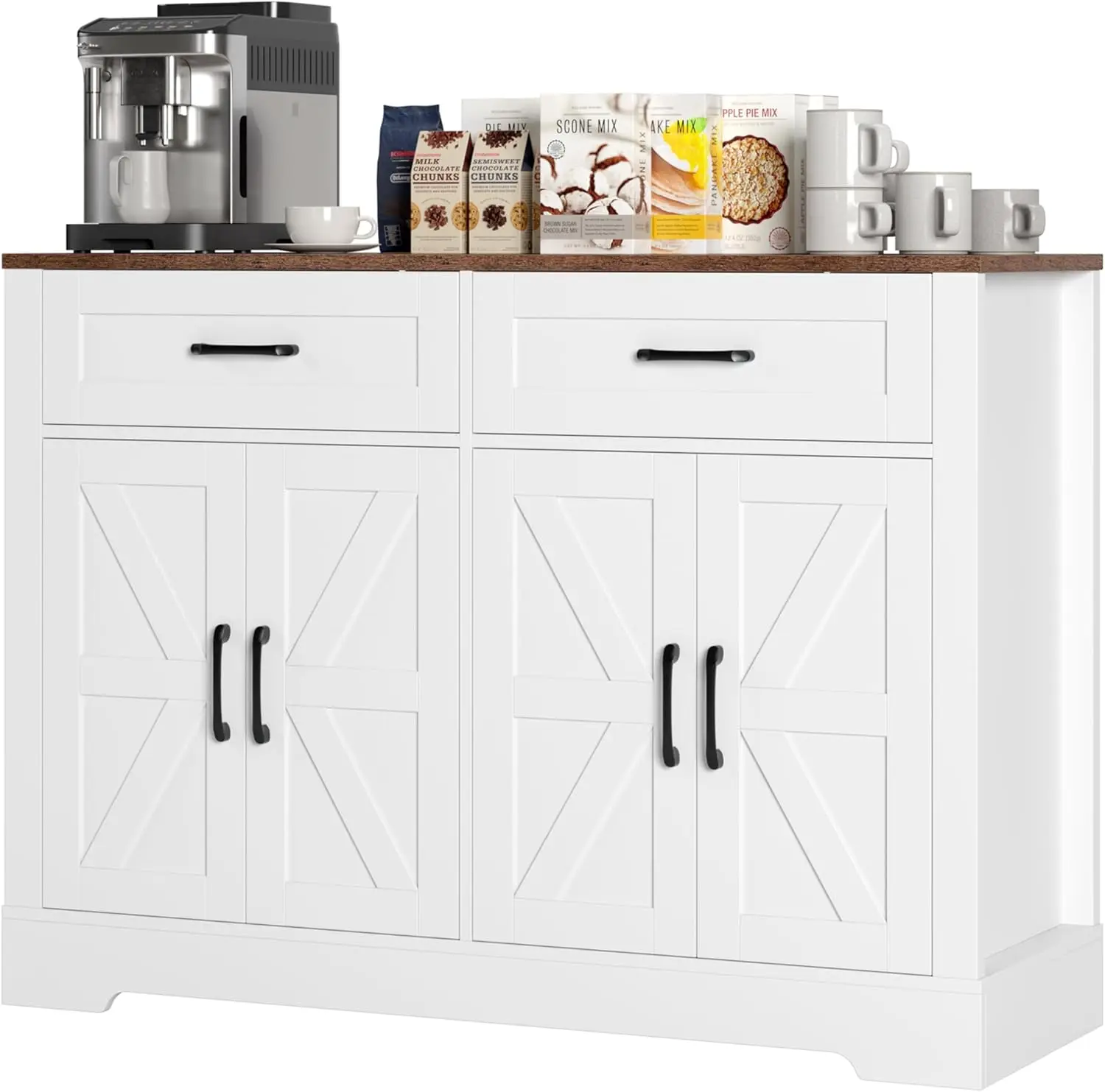 47.2' Farmhouse Buffet Cabinet with Drawers & Shelves, Rustic White Kitchen Sideboard for Living Room, Entryway