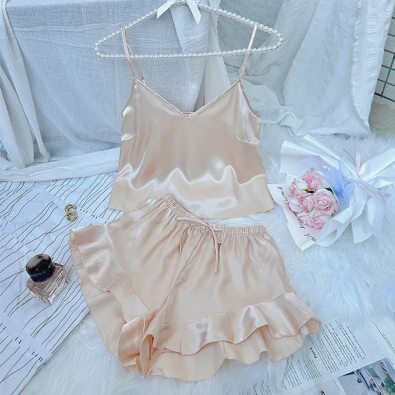 Fashion Solid Color Suspender Sleepwear Shorts Two-piece Set Women Luxury Sexy Summer Home Clothing Thin Silk-like Pajamas Set