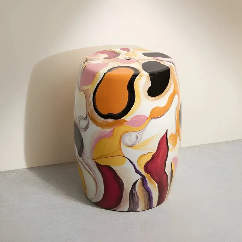 Hand Painted Italian Ceramic Stool, Round Abstract Art Side Table,Creative Corner Decorative Stand, Modern Colorful Accent Piece