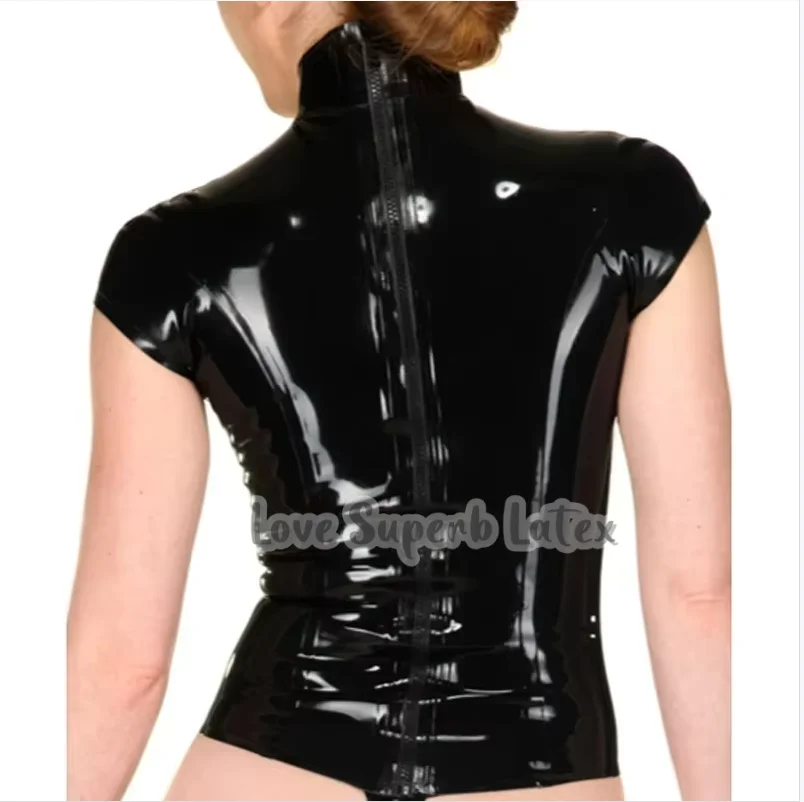 Sexy Black Women Latex Short Sleeves Shirt Rubber Top Tight Customize with Back Zipper  Halloween view 2