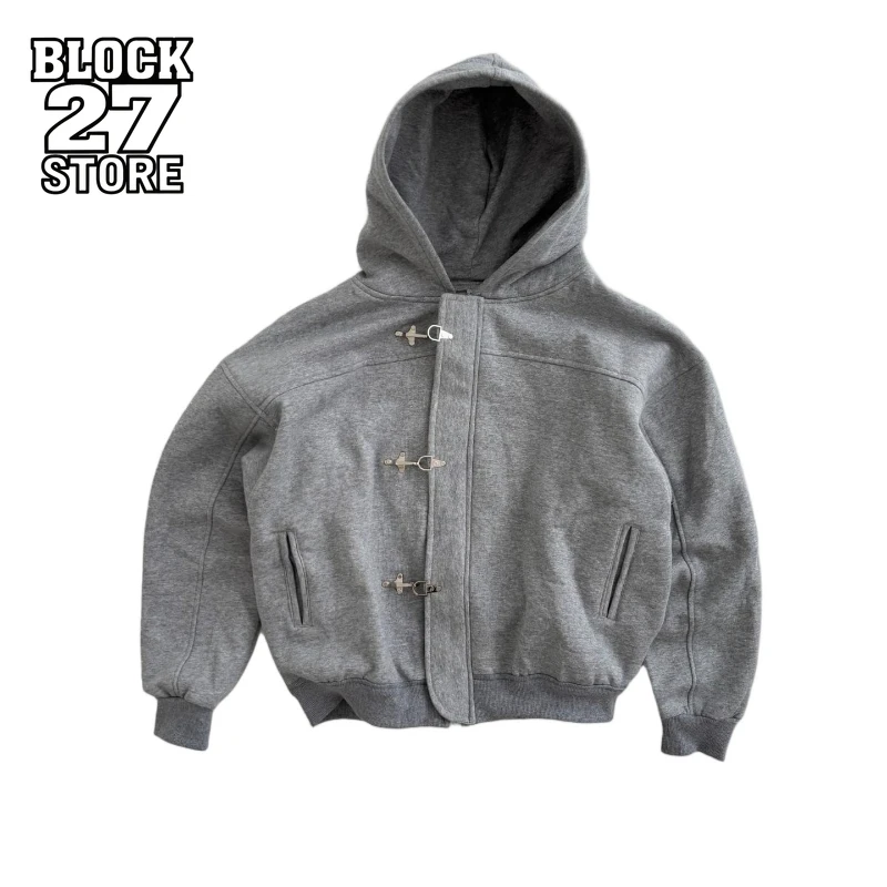 Mens Aircraft Buckle Hoodie Harajuku American Vintage Y2K Streetwear Button Design Solid Color Pullover Hooded Sweatshirt Long
