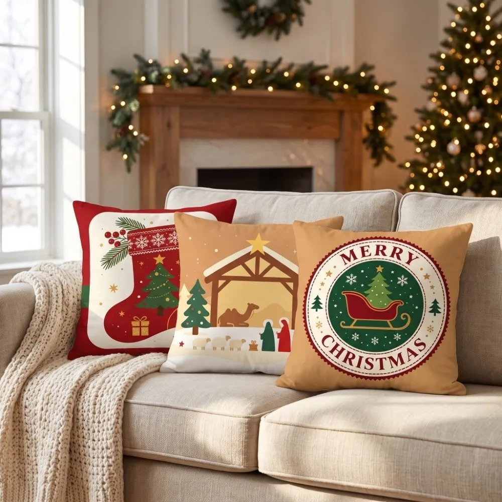 Soft Christmas Pillow Cover Christmas Tree 2D Flat Throw Cushion Case 45cm 17.72in Candy Bowknot Xmas Tree Pillowslip
