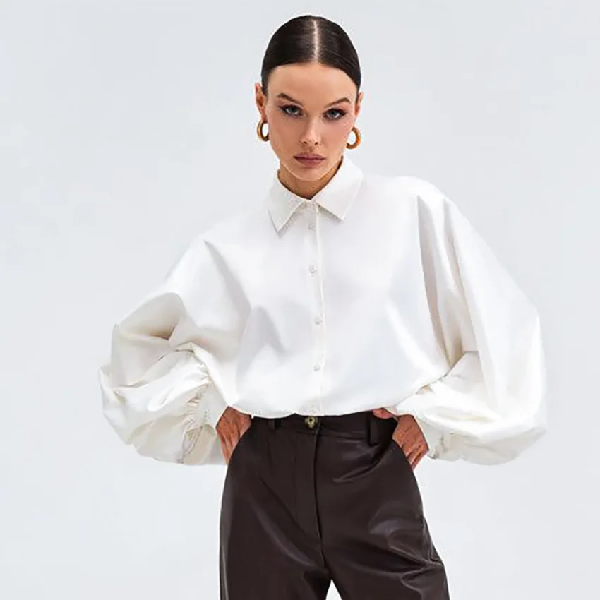 Women Clothing 2024 Summer New Fashionable French Style Satin Shirt Lantern Sleeve Ice Silk Cardigan Casual Solid Color Shirt