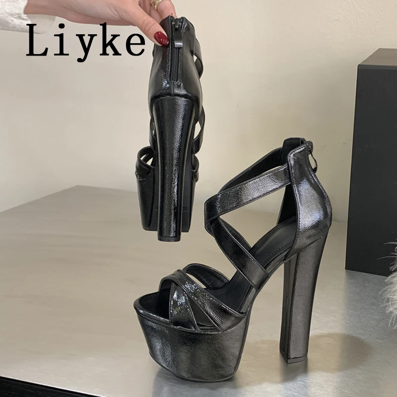 Liyke Model Show Super High Heels Sexy Peep Toe Zip Strap Chunky Platform Sandals Women Banquet Party Prom Shoes Zapatos Mujer