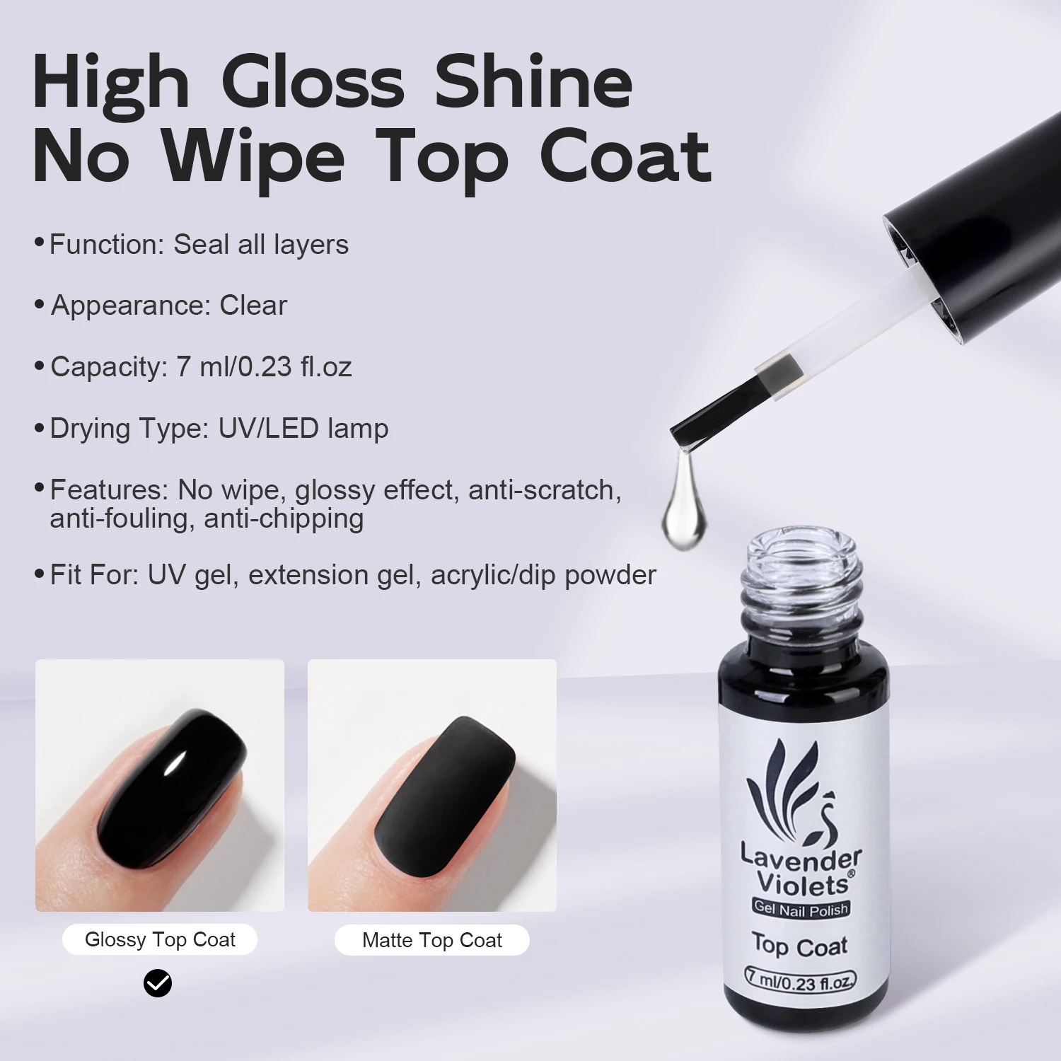 2pcs 7ml No Wipe Glossy and Matte Top Coat, Long Lasting Soak Off Nail Gel Varnish for Home Salon Manicure Beginner Use