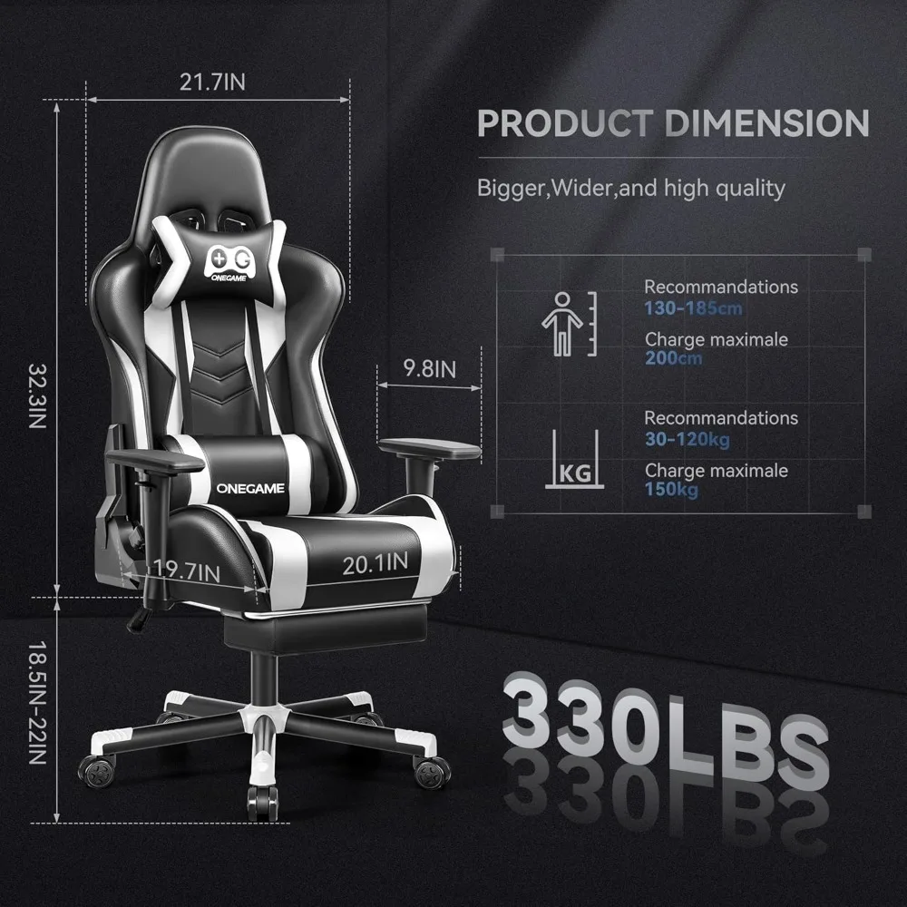 Adult Gaming Chair, Ergonomic, PU Racing Chair with Footrest, Headrest and Lumbar Pillow, Easy Assembly, Esports Chair