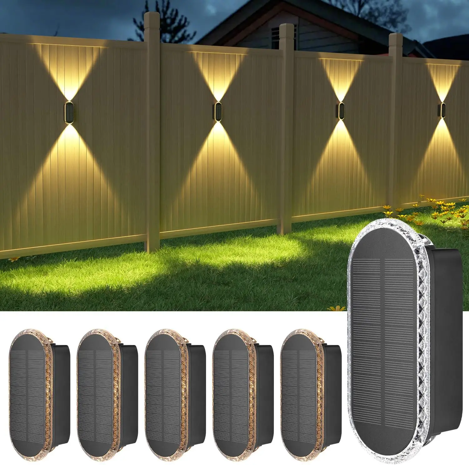 

6-Pack Solar Wall Lights Outdoor Waterproof IP65 LED Focus Lens 3 Colors Dusk to Dawn for Patio Backyard Porch