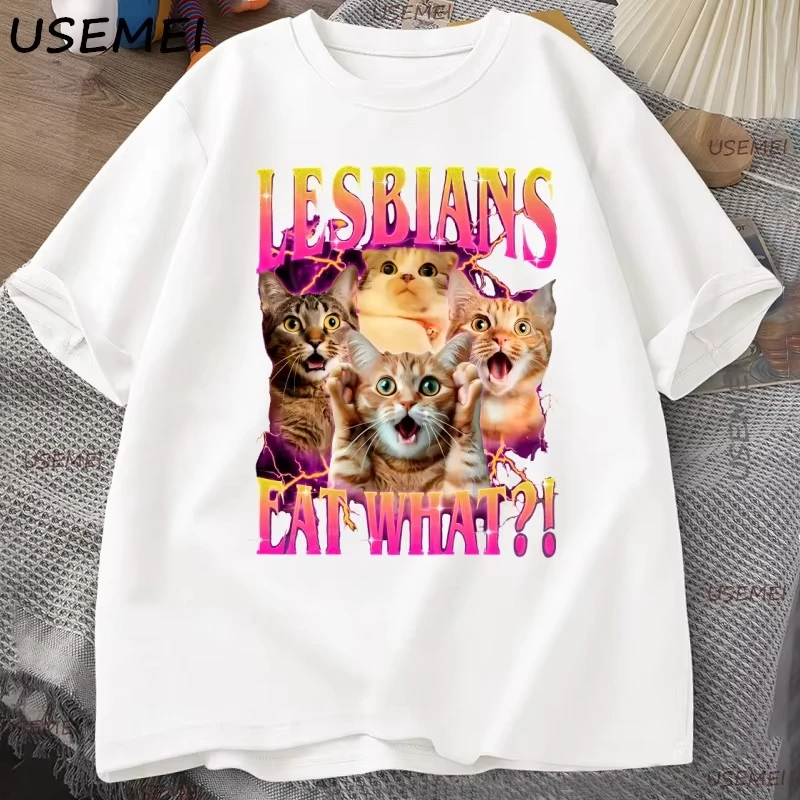 Funny Lesbian Cat T-Shirt Lesbians Eat What Meme Tee LGBTQ Kitty Tshirt Queer Humor Retro 90s Tee Gay Cat Mom T Shirt Clothes