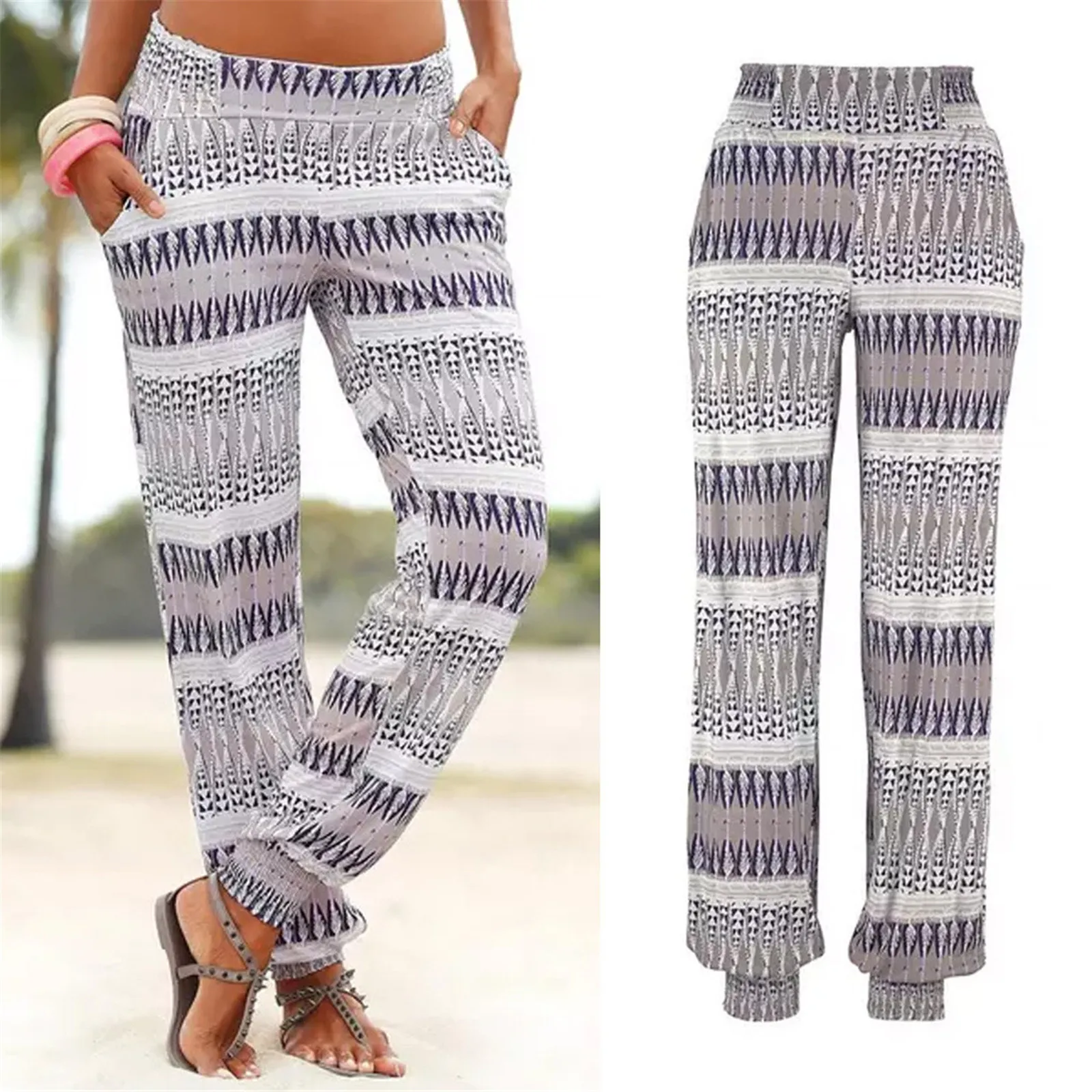 

Vintage Stripe Printed Pants Women's Boho Trousers 2023 Casual Elastic Waist Pantalon Female High Waist Long Pants брюки женские