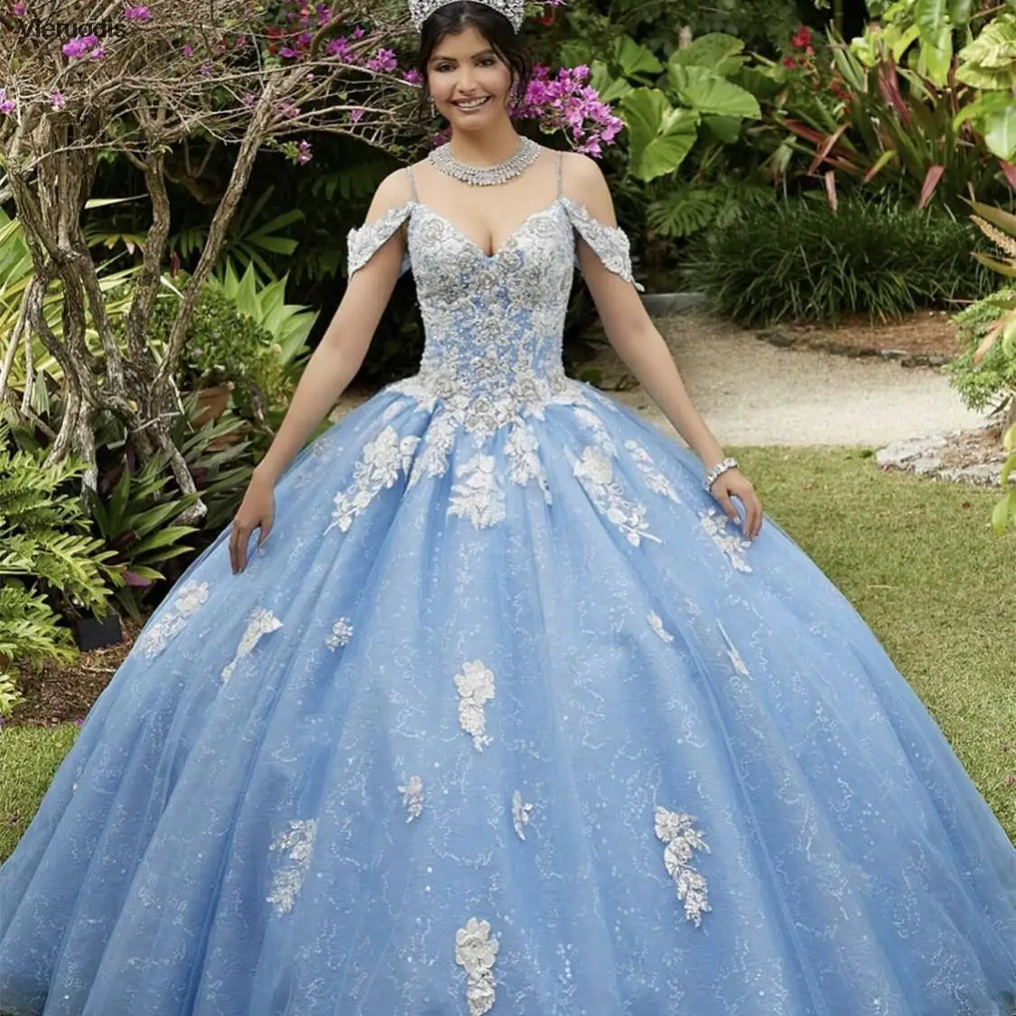 

Sky Blue Quinceanera Dresses 2021 Princess Ball Gown Off The Shoulder Lace Appliques Sequins Beads Pageant Party Sweet 15 Dress