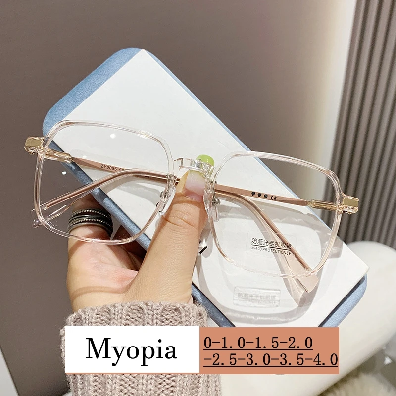 

New Square Finished Myopia Glasses Women Men Clear Lens Blue Light Blocking Eyeglasses Fashion Transparent Minus Diopter Glasses