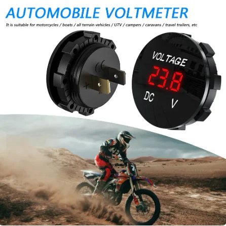 Voltímetro digital led redondo à prova d'água para carro, motocicleta, caminhão, rv, atv, testador de tensão de bateria, 12v-48v