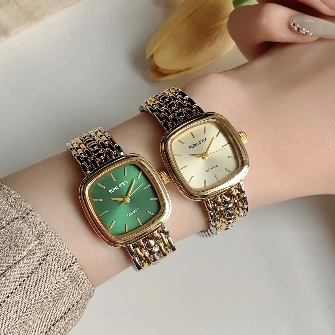 Sunlifex ساعة كوارتز بسيطة للنساء ساعات مربعة فستان سوار سلسلة ساعة يد للسيدات ساعة نسائية Relogio Feminino
