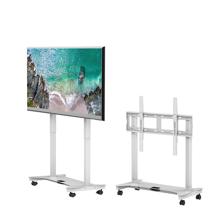 Height Adjustable Removable TV Rolling Floor Stand Motorized Mobile TV Cart with Movable Floor Bracket Belt and Wheels Pro