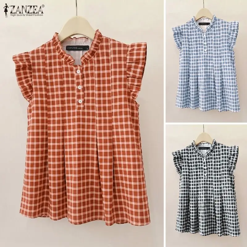 Women Bohemain Sleeveless Plaid Tanks Tops ZANZEA Holiday Blouse Summer Casual Loose Work Shirt Female Buttons Up Blusas Mujer