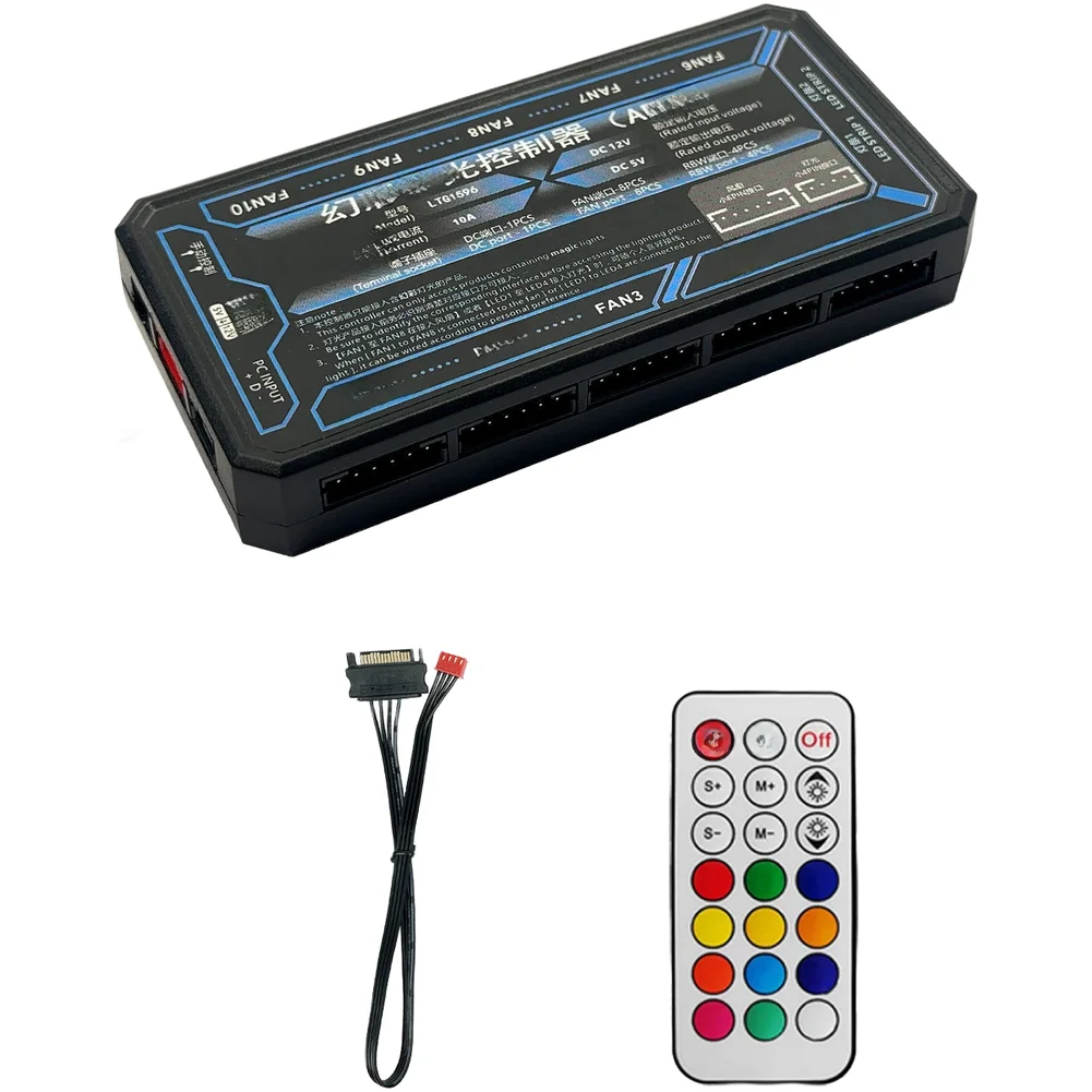 10-Port Fan Controller Hub With ARGB LED Strip Connections Operation Compatible With 5V And 12V Desktop PC Cooling Systems