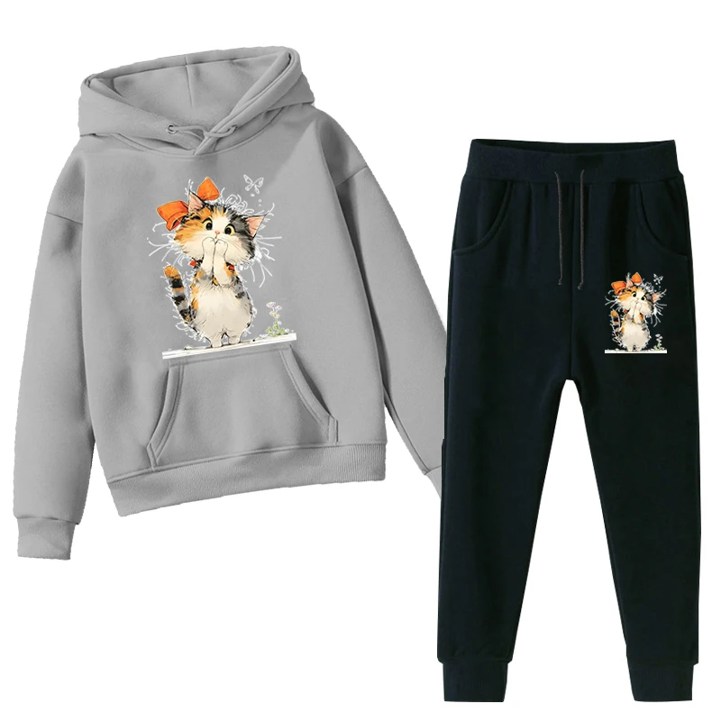 Bow Calico Cat Pattern Tracksuit Boy Girl Cartoon Animal Sportswear Kawaii Kitten Sweatshirt 2pcs Sets Hoodie+Pants Kids Outfits