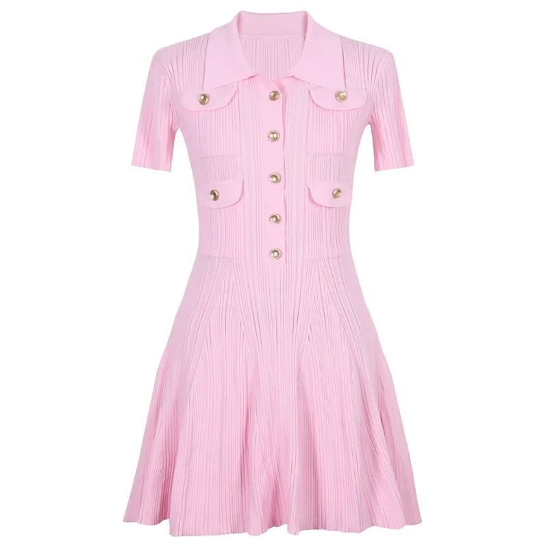 

2025 Fashion Short Sleeve A-Line Dresses Women Turn-Down Collar Knitting Cotton Dress