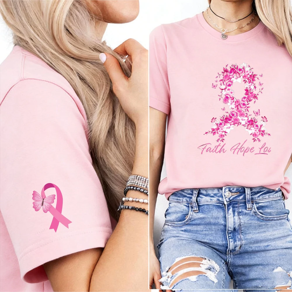 Faith Hope Love Floral Pink Ribbon Women T-Shirt Butterfly Ribbon Cuff Print Breast Cancer Awareness Casual Fashion Ladies Tee