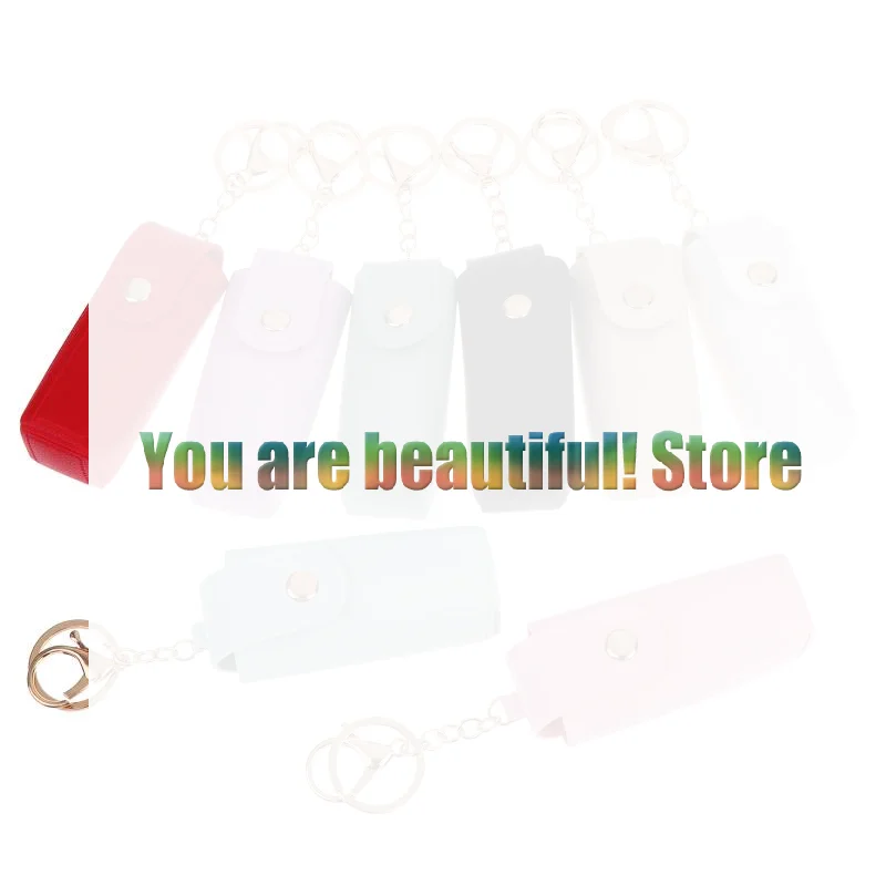 Solid Color PU Leather Portable Mini Lipstick Pouch Keychain Mirror Pendant Keyring Fashion Storage Bag Women Makeup Accessories
