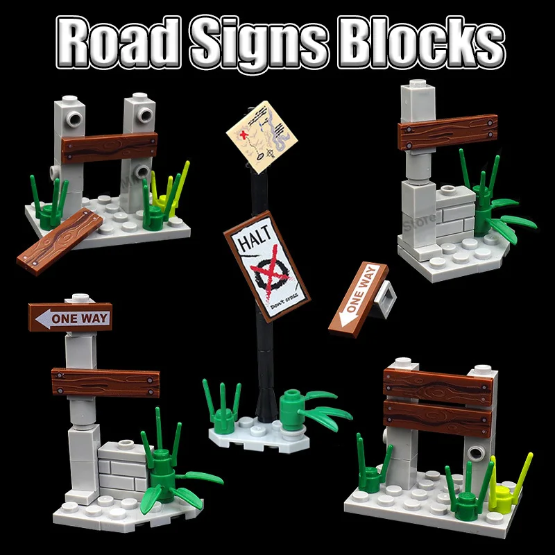 MOC City Street Road Sign Building Blocks Map Direction Board Outdoor Scene Abandoned Traffic Guide DIY Display Model Bricks Toy