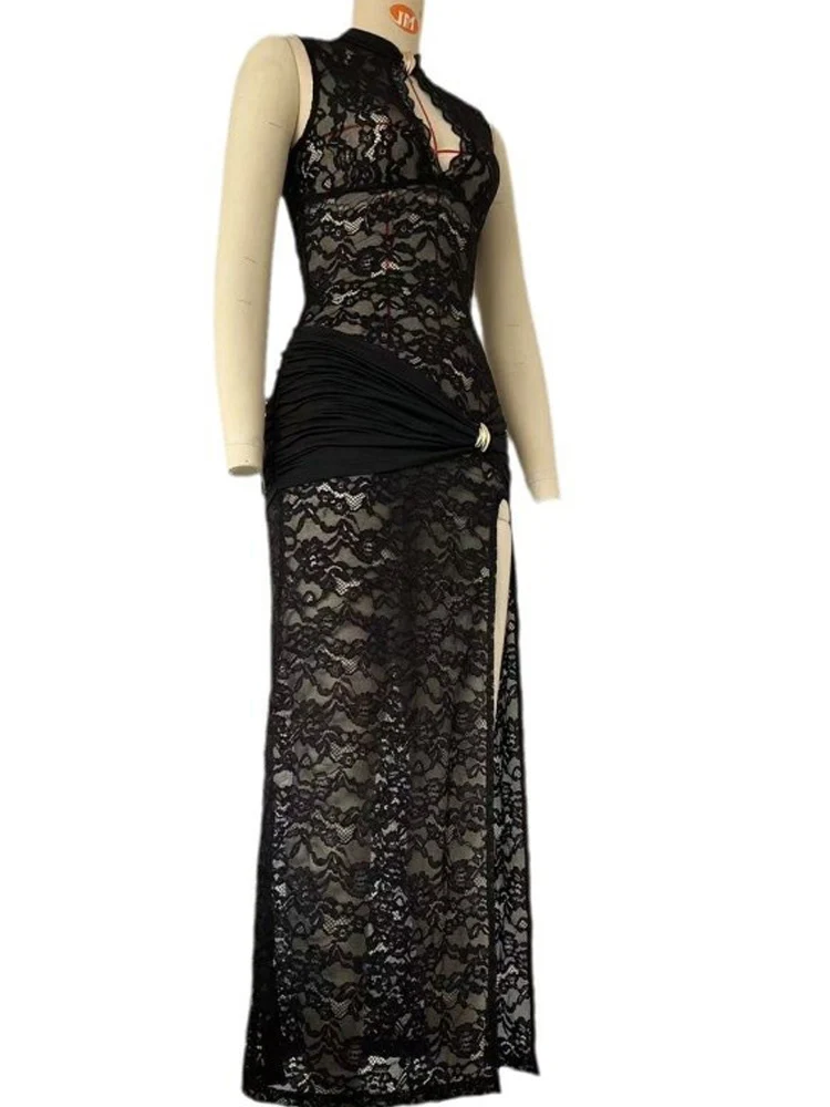 Kricesseen Sexy ​Sheer Black Floral Lace Hollow Out High Slit Maxi Dress Ladies Sleeveless V Neck Night Out Clubwear Bodycon