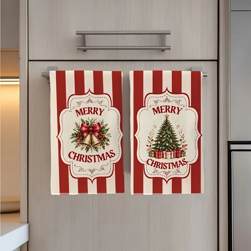 2-pack Kerstkeukendoeken, aquarel rood gestreepte vintage print met kerstbellen en kerstbomen, cadeauverpakking, theedoeken, Amerikaanse landelijke stijl, feestelijke decoratie, absorberende