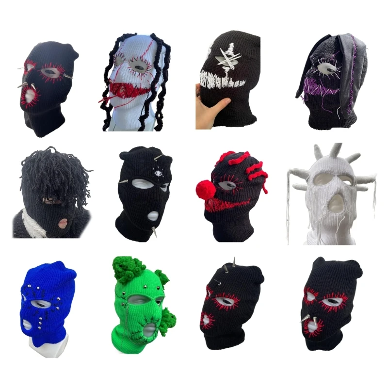 

Devil Horn Halloween Knitted Hat Beanies Warm Full Face Cover Ski Mask Hat Windproof Balaclava Hat for Men Womens