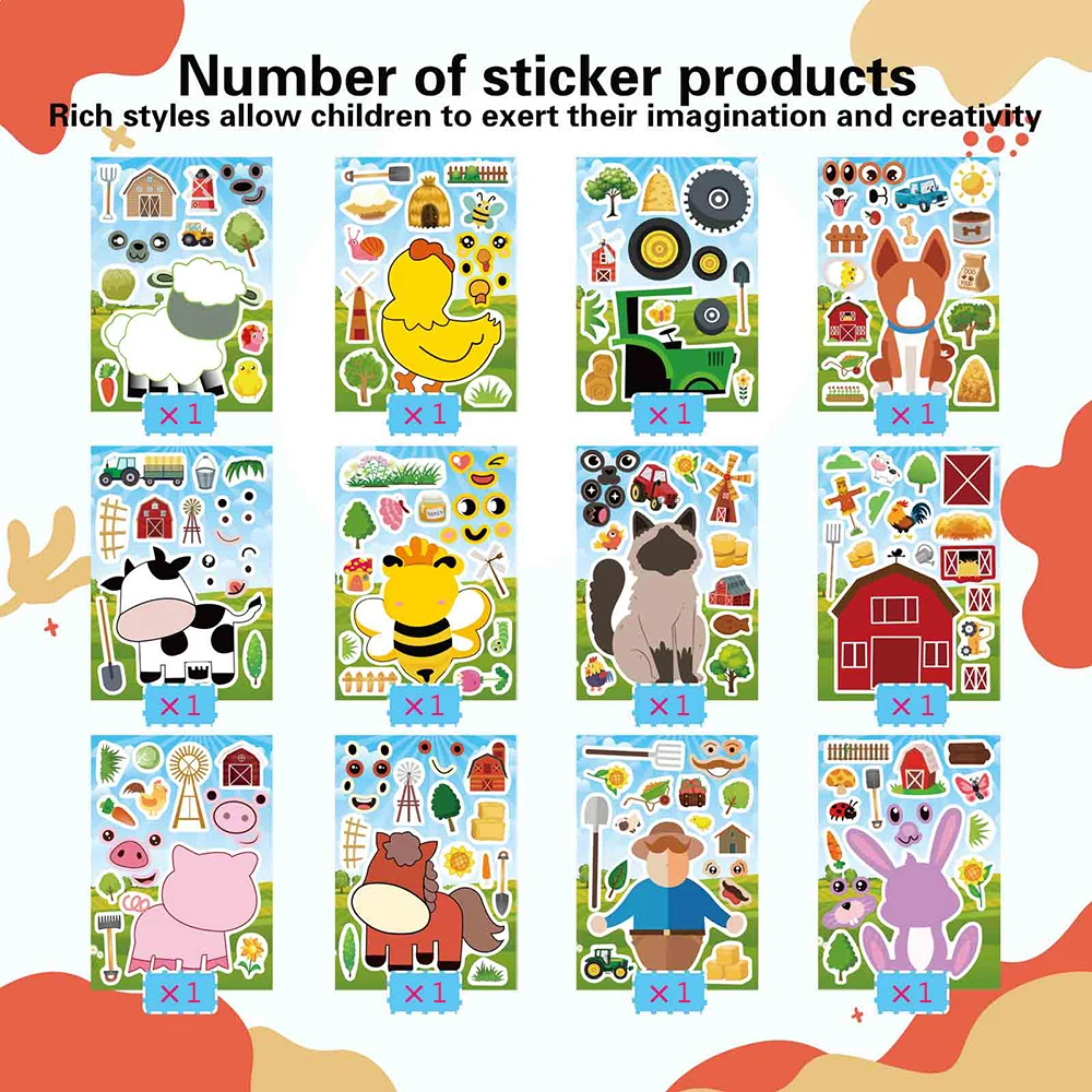 6/12Sheets Children Make a Face DIY Animals Puzzle Stickers Create your own Cat Pig Cow Kids Assemble Jigsaw Toys Reward Decals