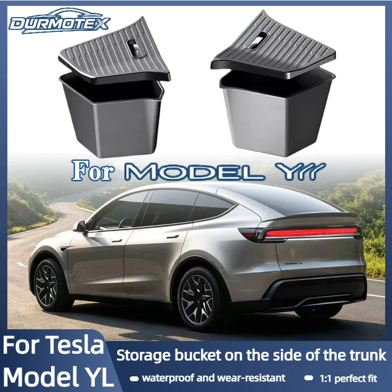 For New Tesla Model YL 2026 Rear Trunk Side Storage Box TPE Cargo Organizer Bin with Lid Custom Fit Interior Accessories