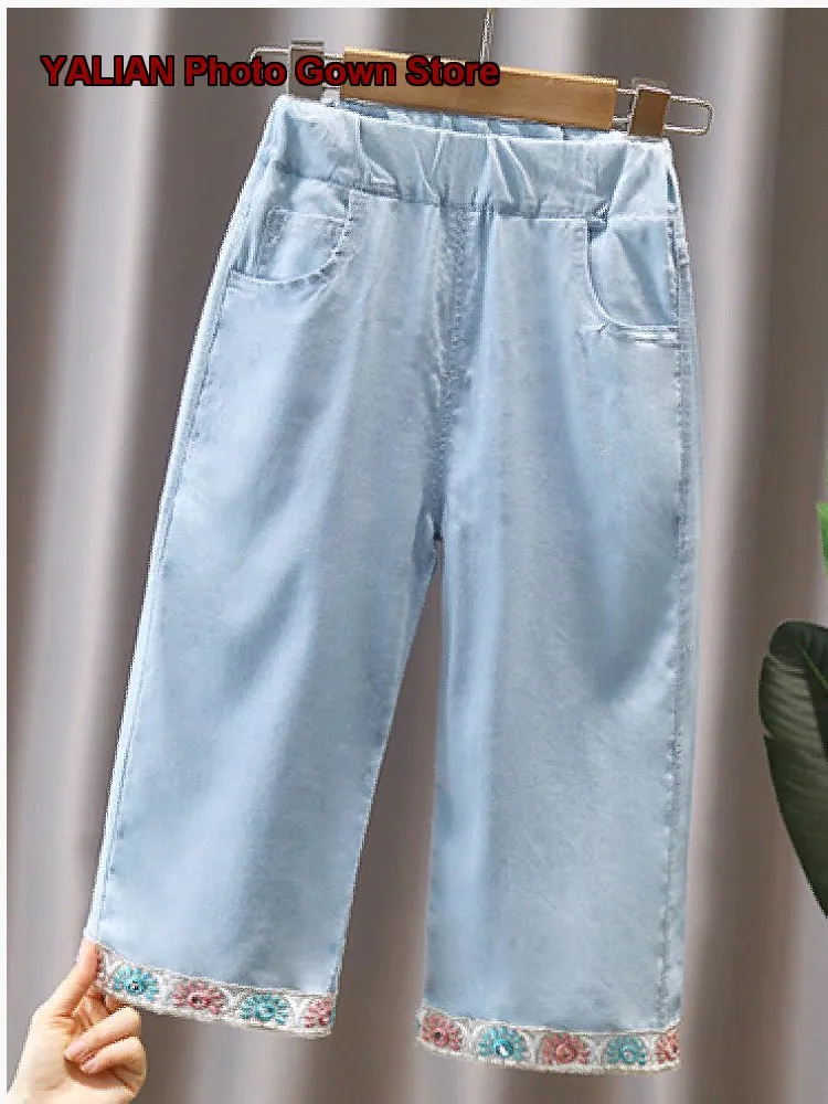 Girls Lyocell Wide Leg Pants Kids Summer Thin Anti-Mosquito Younger Kids