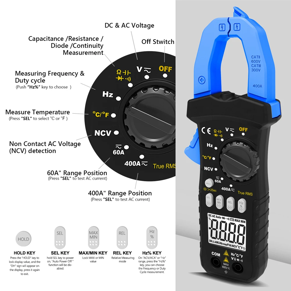 Multímetro sem fio Bluetooth Clamp, Alcance Automático, DC, AC, True RMS, Medidor de Continuidade Buzzer, HP-7200APP, 6000 Contagem