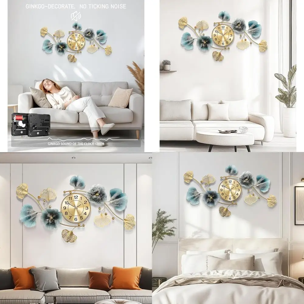 

Stylish 3D Metal Ginkgo Leaf Wall Clock, Silent Sweep Movement, 33x18 for Living Room Decor