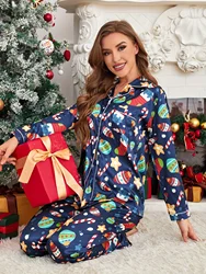 Comfortable Relaxed Fit Women's Long Sleeve Christmas Allover Print Casual Pajama Set with Buttons Lapel Top & Pants for Fall